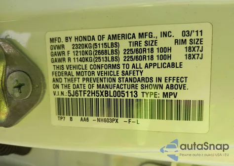 2011 Honda Accord Crosstour Ex-L из США, поврежденный, VIN 5J6TF2H5XBL005113